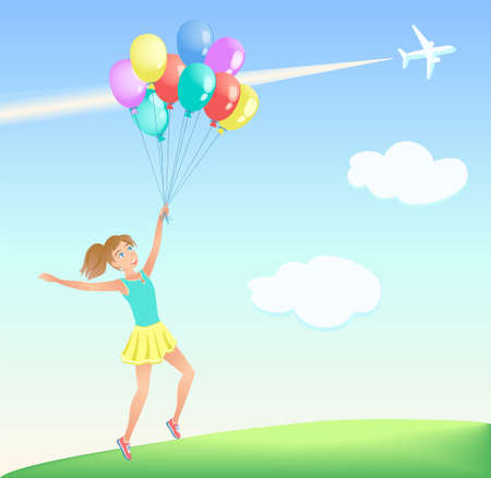 Happy jumping girl with colorful balloons on the lawn. Background of blue sky with white clouds, airliner and trail. Vector illustration.のイラスト素材