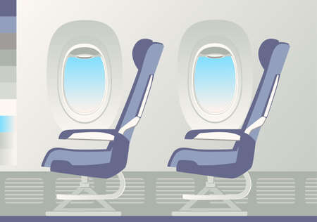 Window and armchair inside a passenger airplane. Two armchairs and Porthole. Vector illustration.のイラスト素材
