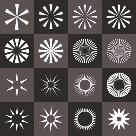 Set of starburst shape on black background. Rays in abstract circular geometric shapes. Vector illustration EPS-8.のイラスト素材