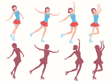 Ladies figure skating.
Figure skating. Happy girl in short red skirt and blue shirt dancing on on ice. Different poses and added silhouettes.の写真素材