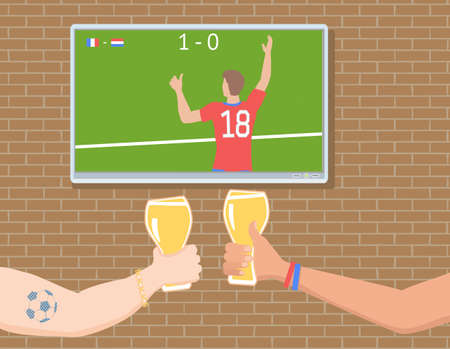 Soccer fans watching a match on TV with drinks vector illustrationのイラスト素材