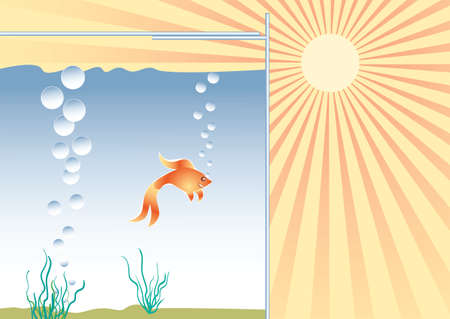 Heat and coolness concept. Goldfish in the aquarium in good conditions. Vector illustration EPS-8.のイラスト素材