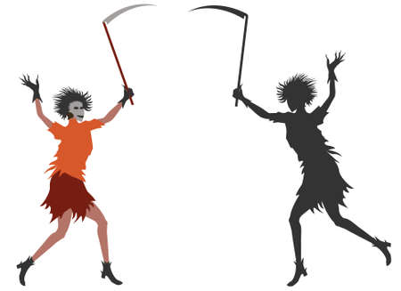 Girl dress in halloween costume with scythe in hand.の写真素材