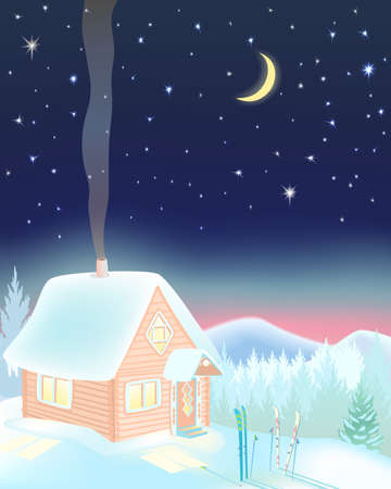 Small ski house at night in the mountains.のイラスト素材