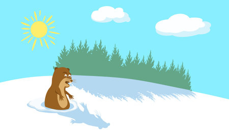 Funny groundhog scared of his shadow. Winter background with pine forest. Sun and clouds in blue sky. Happy Groundhog Day. Vector illustration EPS-8.のイラスト素材