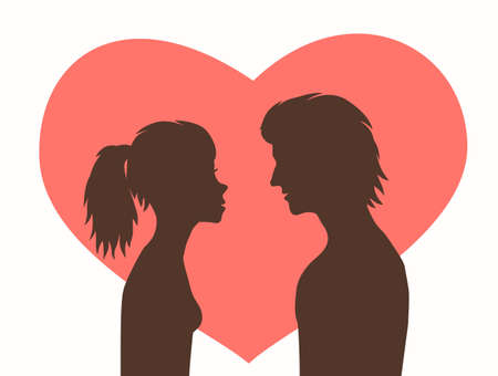 Silhouettes girl and guy on background red heart.のイラスト素材