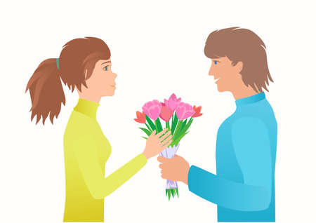 Guy give girl bouquet on the Date.のイラスト素材