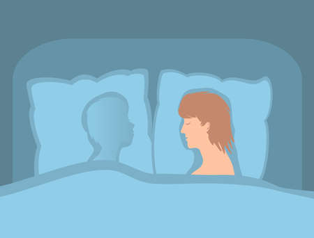 The man is alone in bed. Guy in separation from darling. Her beloved place is empty. Only her ghost on the pillow. Vector illustration.のイラスト素材