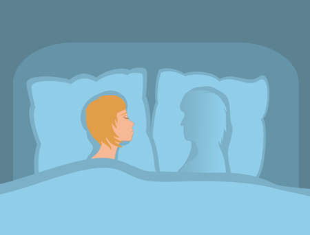 The women is alone in bed. Girl in separation from darling. His beloved place is empty. Only his silhouette on the pillow. Dark and gloomy colors. Vector illustration.のイラスト素材