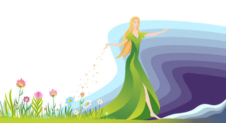 The girl sowing the seeds for flowers and grass.のイラスト素材