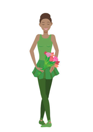 Beautiful dark-skinned ballerina in a green dress with a red bouquet of flowers after performance. Vector illustration EPS-8のイラスト素材