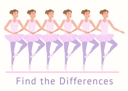 Find the Differences in jewelry on ballerinas. Girls with different decorations in classical coherency dance. Vector illustration EPS-8.のイラスト素材