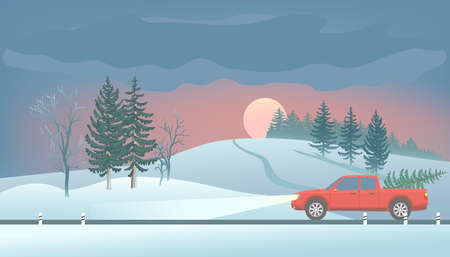Pickup with christmas tree.Winter landscape. Fir Trees and road.のイラスト素材