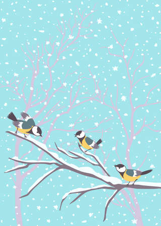 Titmouse sitting on snowy branch. Winter birds for flat style.のイラスト素材