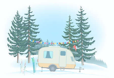 Travel Trailer parked in Glade. Winter forest.のイラスト素材
