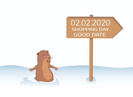 Groundhog climbed out of the hole. Sign of 02.02.2020 and shopping day.のイラスト素材