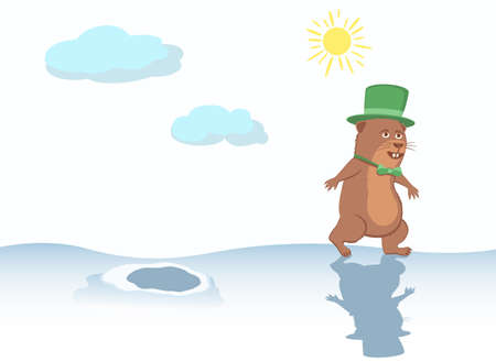 Groundhog with a hat and bow tie walk over snowdrifts.のイラスト素材