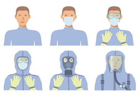 Personal protective equipment against biochemical threats. Different levels of protection.のイラスト素材