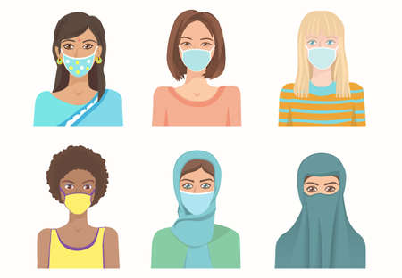 Young Women of various nationalities wearing medical respiratory mask.のイラスト素材