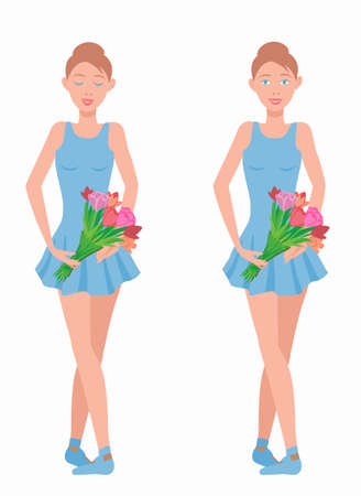 Beautiful ballerina in blue dress with red bouquet after performance.のイラスト素材