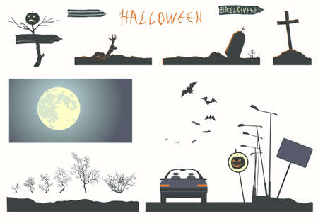 Set of Halloween paraphernalia with halloween, moon, grave, zombie, pumpkin, bat.のイラスト素材
