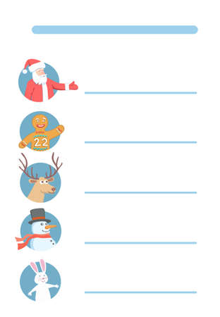 Christmas Characters in Stylized Timetable or Menu. Schedule for New Year Holidays.のイラスト素材
