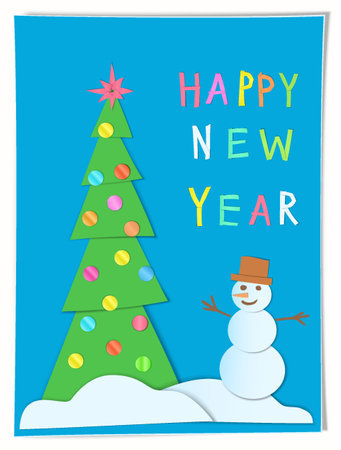 Happy New Year greeting card with paper cut effect. Imitation children handiwork art.のイラスト素材