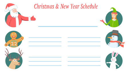 Christmas Characters in Stylized Timetable or Menu. Schedule for New Year Holidays.のイラスト素材