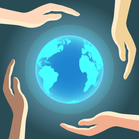Earth Day on April 22 concept.Hands of people of different races protect the Earth atmosphere.のイラスト素材