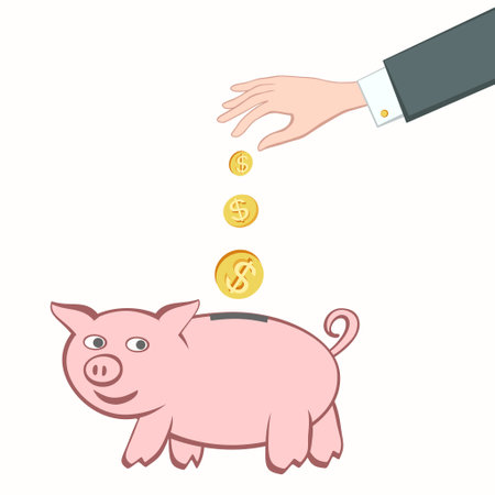 Businessman hand puts coin into piggy bank. Cash coins increase in size.のイラスト素材