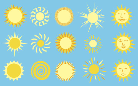 Sunshine yellow sun icons and symbols collection on blue background.のイラスト素材