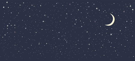 Dark monochromatic night sky background with moon, stars and constellations.のイラスト素材