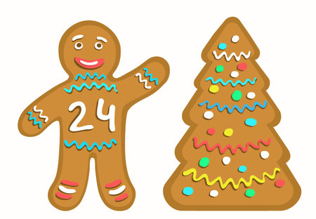 Gingerbread man with the number 24 denoting New Year 2024. Cookie stylized Christmas tree.のイラスト素材