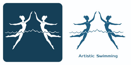 Artistic or swimming 2 icons. Women athletes synchronized performance emblem. Water ballet duet.のイラスト素材