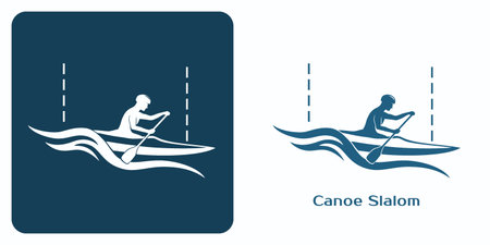 Emblem of Athlete in kayak paddling and navigating through waves and slalom gates.のイラスト素材