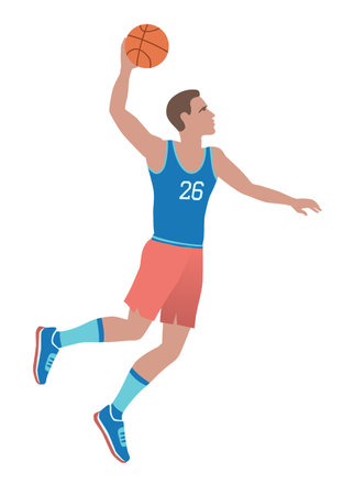 Basketball Player makes a three point Jump Shot. Player leaps into air.のイラスト素材