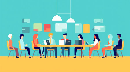Corporate Collaboration Businessman Character Design Engages in Productive Meeting Room Conversationの素材