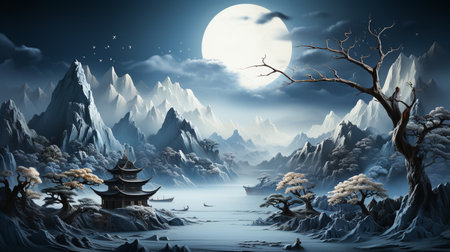 AI Generated Misty Mountains and Ethereal Waters Surreal Wallpaper Illustrating a Dreamy and Enchanting Landscapeの素材