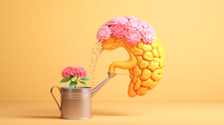 Organic Fusion: AI-Generated Human Brain Growing from a Flower, Watering the Seeds of Innovation and Imaginationの素材
