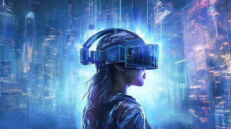 Futuristic Double Exposure AI-Generated VR Headset Unveils a Metaverse of Virtual Reality and Digital Arの素材