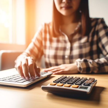 Modern AI-Generated Woman Working with Calculator in Office - Business Finance and Technology Conceptの素材
