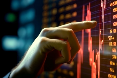 Ai Generated Businessman's Hand Points to Stock Market Graph Strategic Analysis for Financial Growthの素材
