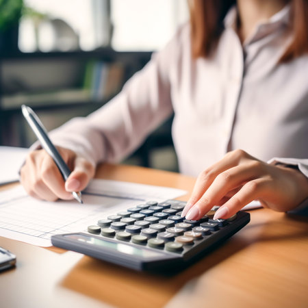 Modern AI-Generated Woman Working with Calculator in Office - Business Finance and Technology Conceptの素材