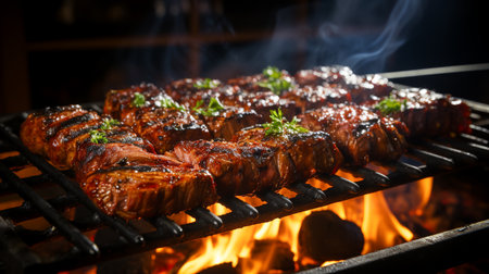 Grilled Meat Delight  Authentic Brazilian Barbecue on the Grill, a Sumptuous Feast for Food Lovers, Ai Generativeの素材