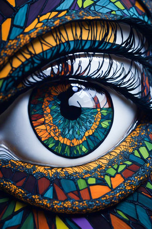 Abstract Eyes Vibrant Stain Glass Artwork with Mesmerizing Patterns, Ai Generativeの素材