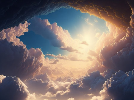 Heavenly Tranquility Serene Sky with Fluffy Clouds - Capturing the Ethereal Beauty of Paradise, Ai Generativeの素材