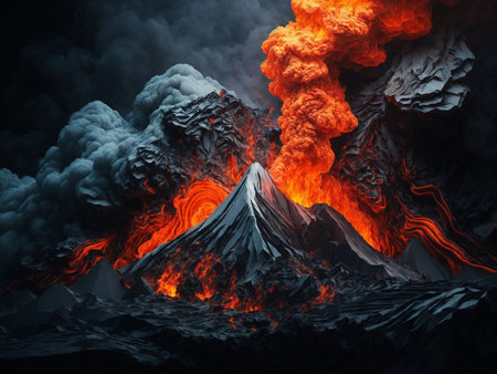 Nature's Power Unleashed Intense Volcanic Eruption on an Abstract Background, Ai Generativeの素材