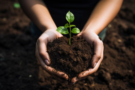 Nurturing Greenery: Tenderly Holding Heart-Shaped Patch of Soil with a Single Green Leaf - Embracing Nature's Growth and Care Ai Generativeの素材