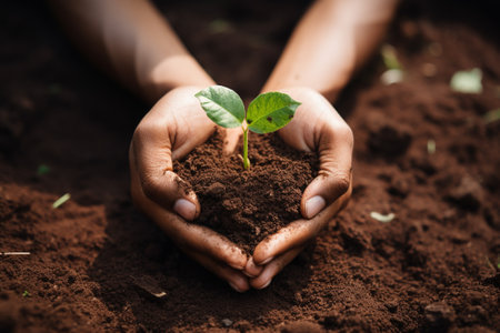 Nurturing Greenery: Tenderly Holding Heart-Shaped Patch of Soil with a Single Green Leaf - Embracing Nature's Growth and Care Ai Generativeの素材