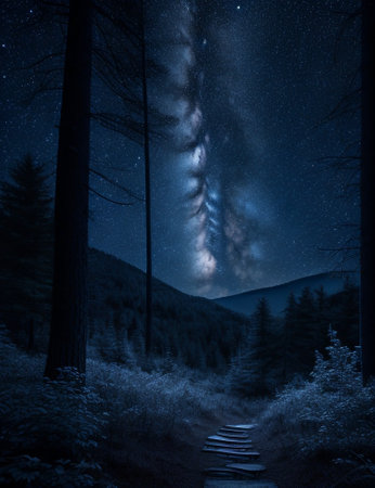 Enchanting Night Scenery  Moonlit Forest Landscape, Ai Generativeの素材